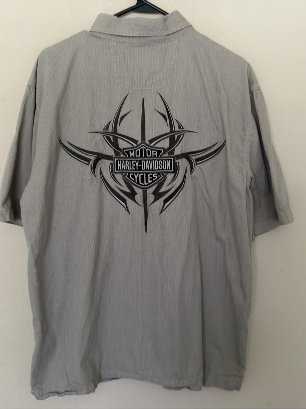 Harley-Davidson Men L Short Sleeve Button Down Gray & Tan Collared Shirt Pockets